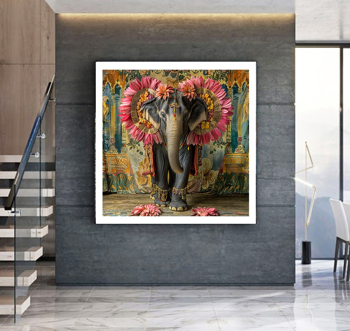 Photorealistic Animal Photograph By Michael Filonow, 32 X 32", The Jaipur Elephant Festival 3, Original Artwork