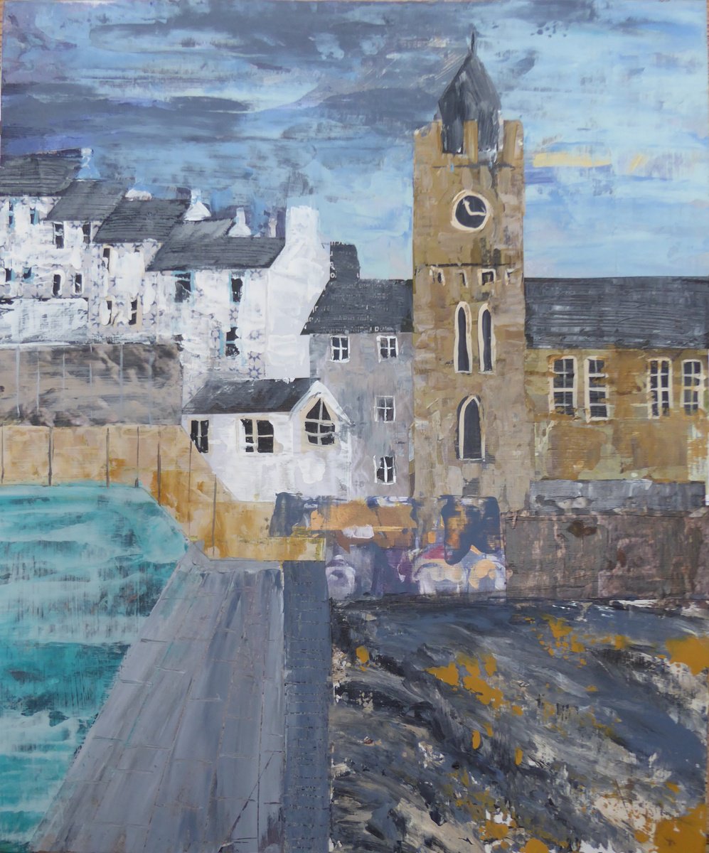 Landscape Painting By Elaine Allender, 13 X 17, Porthleven Clock Tower, Original Artwork