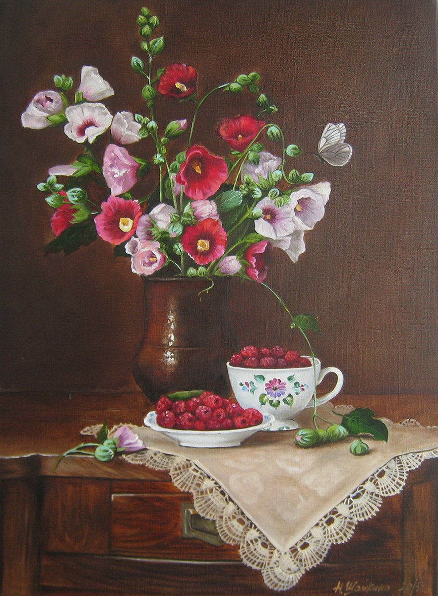 Hollyhocks Still Life Floral by Natalia Shaykina