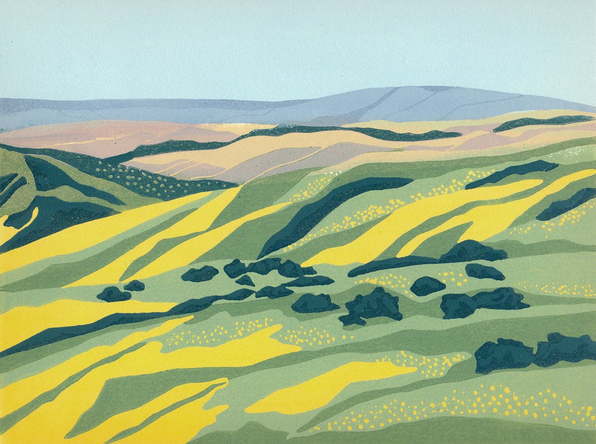 Illustrative Landscape Linocut By Kate Goetz, 13 X 11", In The Gold, Carrizo Plain, Ca, Original Artwork