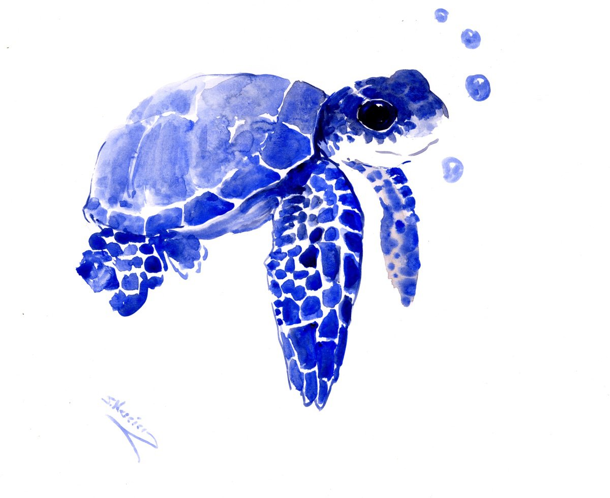 Baby Sea Turtle, Blue sea turtle painting by Suren Nersisyan