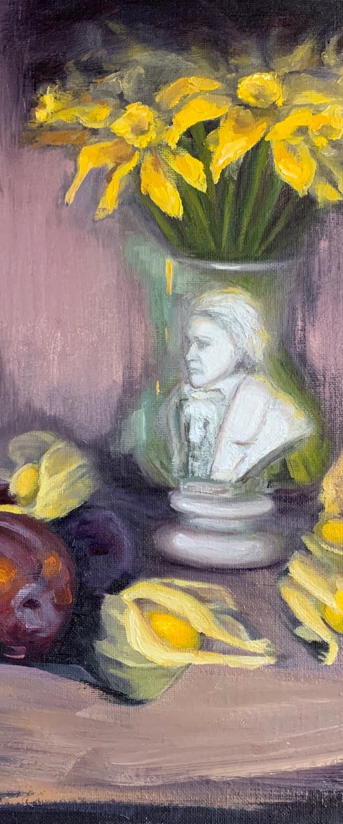 Still life with daffodils and Beethoven statue by Katerina Kovalova
