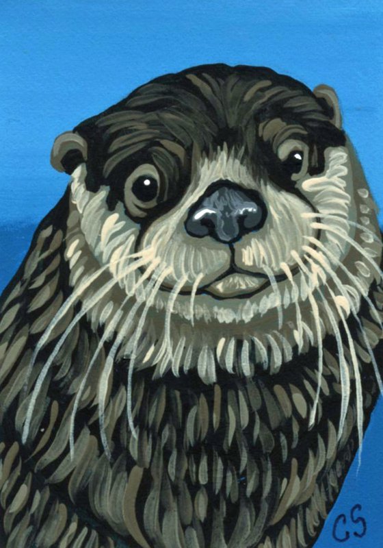 ACEO ATC Original Painting River Otter Wildlife Art-Carla Smale