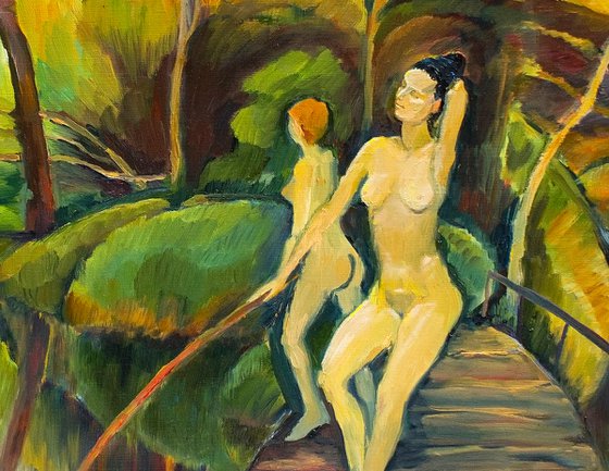 ON THE BRIDGE - woman nude oil painting with two naked girls near the lake bedroom art décor gift idea