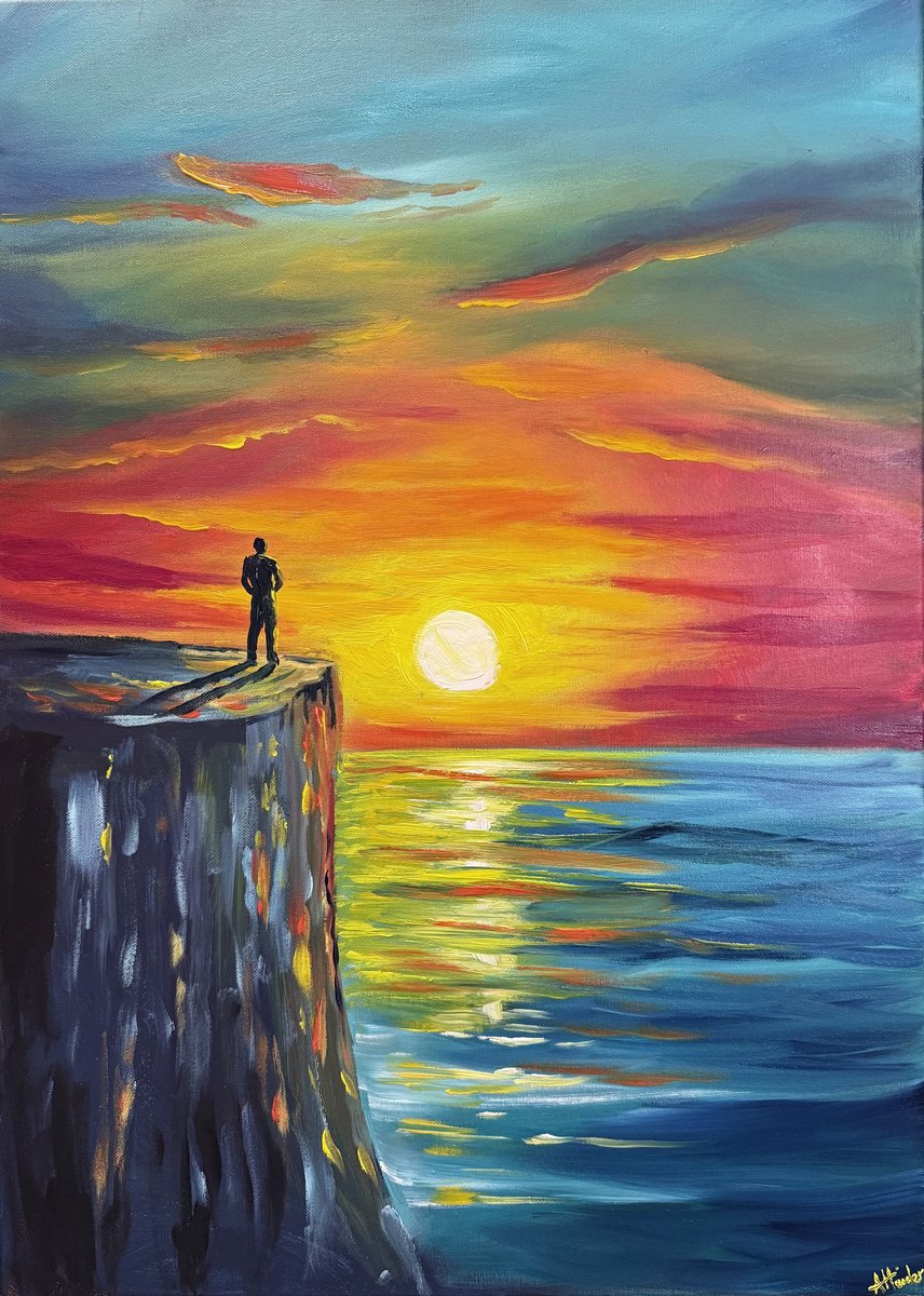 Impressionistic Landscape Acrylic Painting By Aisha Haider, 20 X 30, Sunset Solitude, Original Artwork