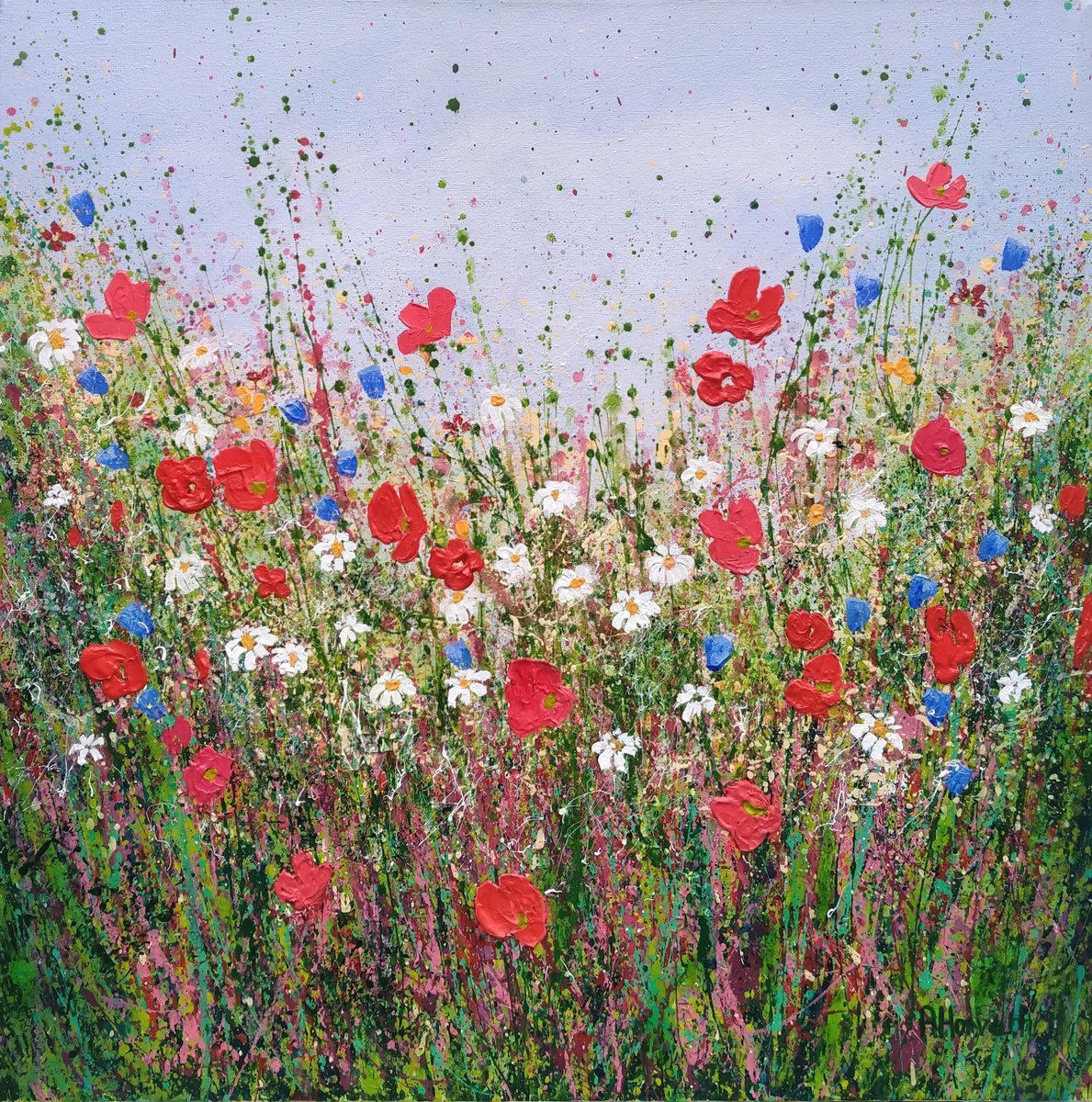 Impressionistic Landscape Acrylic Painting By Amanda Horvath, 20 X 20, Petals Poppies And Wildflowers, Original Artwork