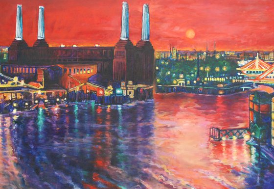 Red sunset behind Battersea Power Station large painting