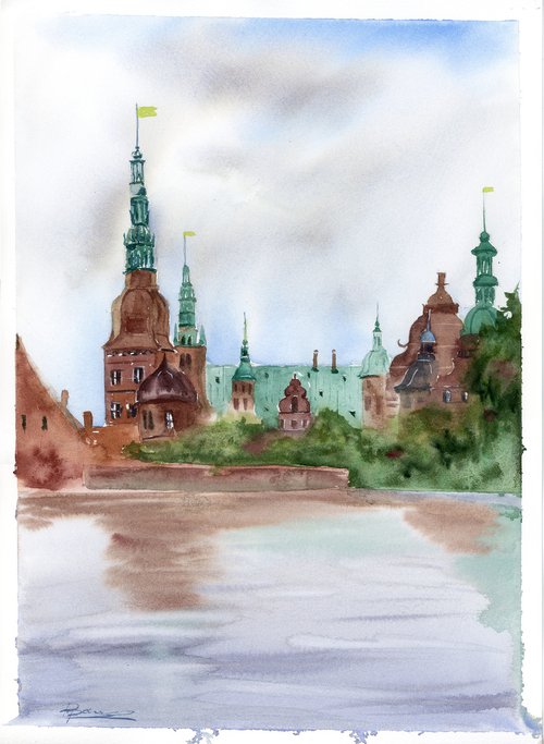 Frederiksborg Castle - Original Watercolor Painting by Olga Shefranov (Tchefranov)