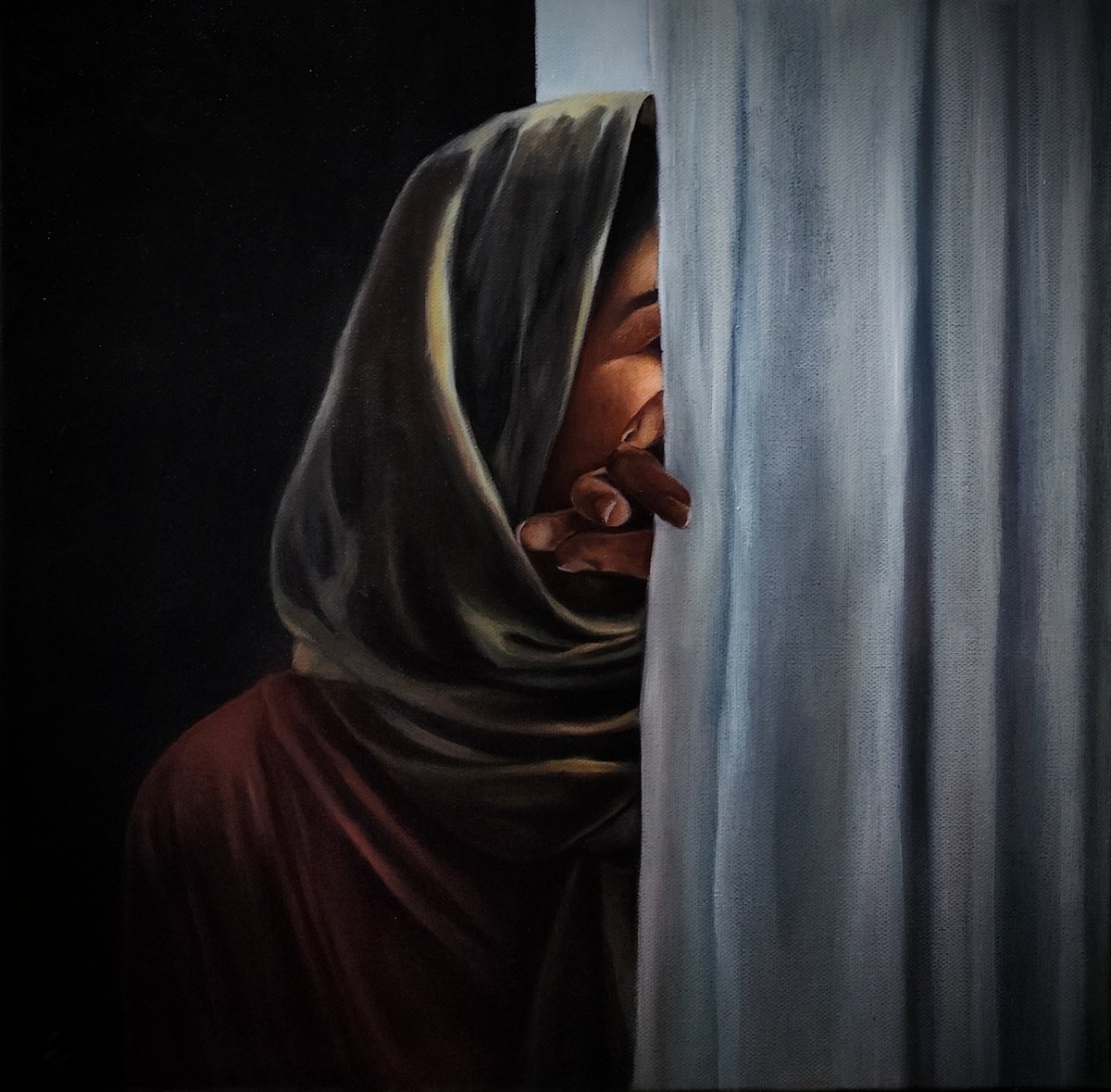 Photorealistic Portrait Oil Painting By Veronica Ciccarese, 16 X 16", Hidden In Plain Sight V, Original Artwork