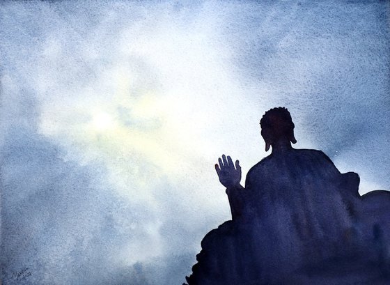 Big Buddha in Hong Kong - Original Watercolor Painting - Spiritual Art