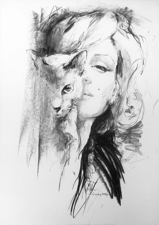 Xl Big Marilyn Monroe Portrait With Cat Charcoa Artfinder