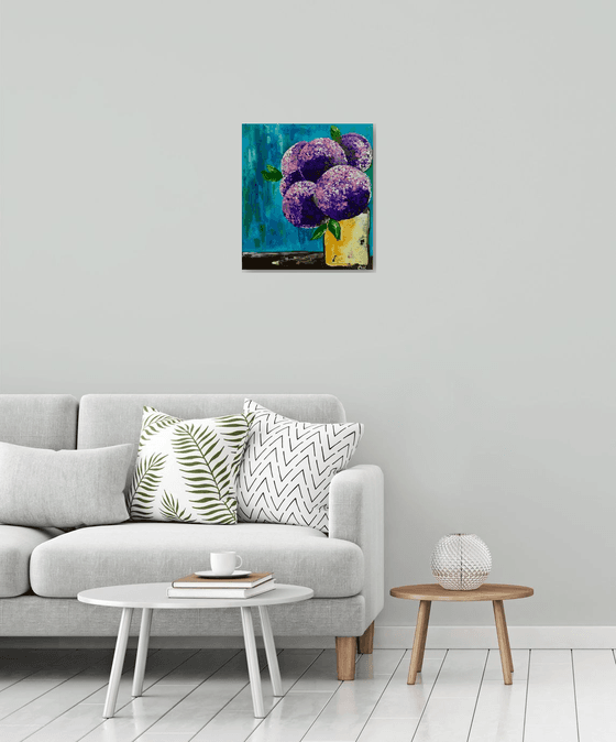 Purple and Pink  hydrangea on turquoise in a yellow vase palette  knife Original Acrylic painting office home decor gift