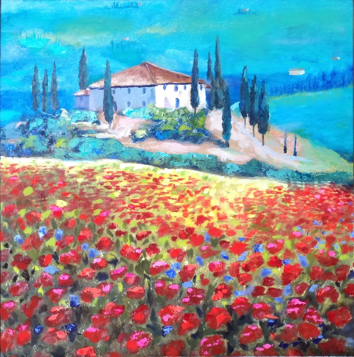 Poppies in the Tuscan hills by Liubov Samoilova