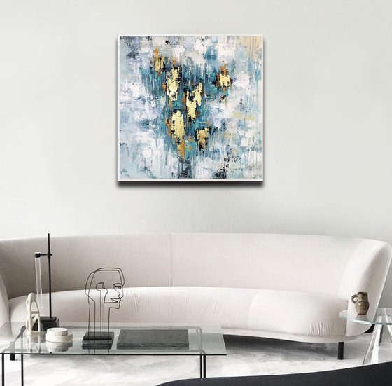 Sky Reflect - Abstract Painting 36" , Gold Leaf Large Painting, Wall Art, Abstract Art, Contemporary Art, Living Room Minimalist Painting