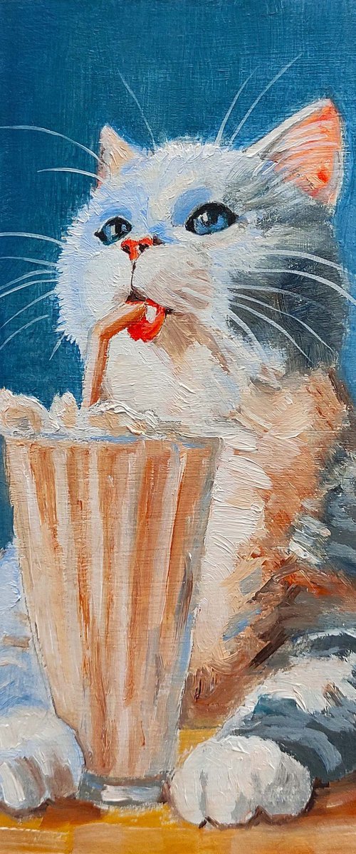 A cat with a milkshake, Cute Cat Portrait Oil Painting Funny Pet Art by Yulia Berseneva