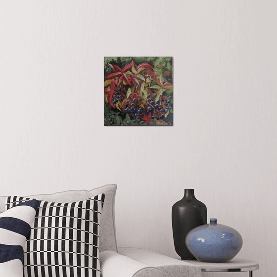 September. (oil square canvas painting of Beautiful colorful Parthenocissus nice for gift ready to hung)