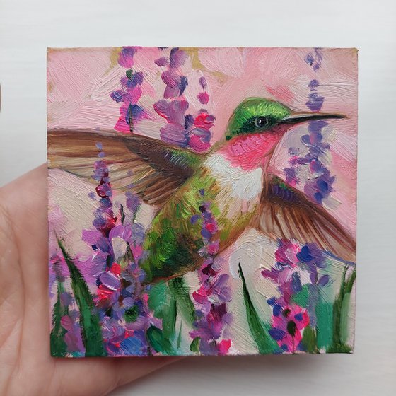 Hummingbird art oil painting original framed 4x4, Ruby throated hummingbird purple painting, Sympathy gift best friend