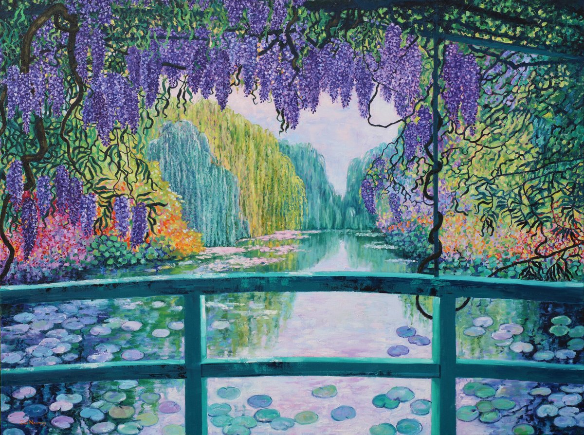 Impressionistic Botanical Oil Painting By Zoe Elizabeth Norman, 52 X 36", View From The Bridge At Giverny, Original Artwork