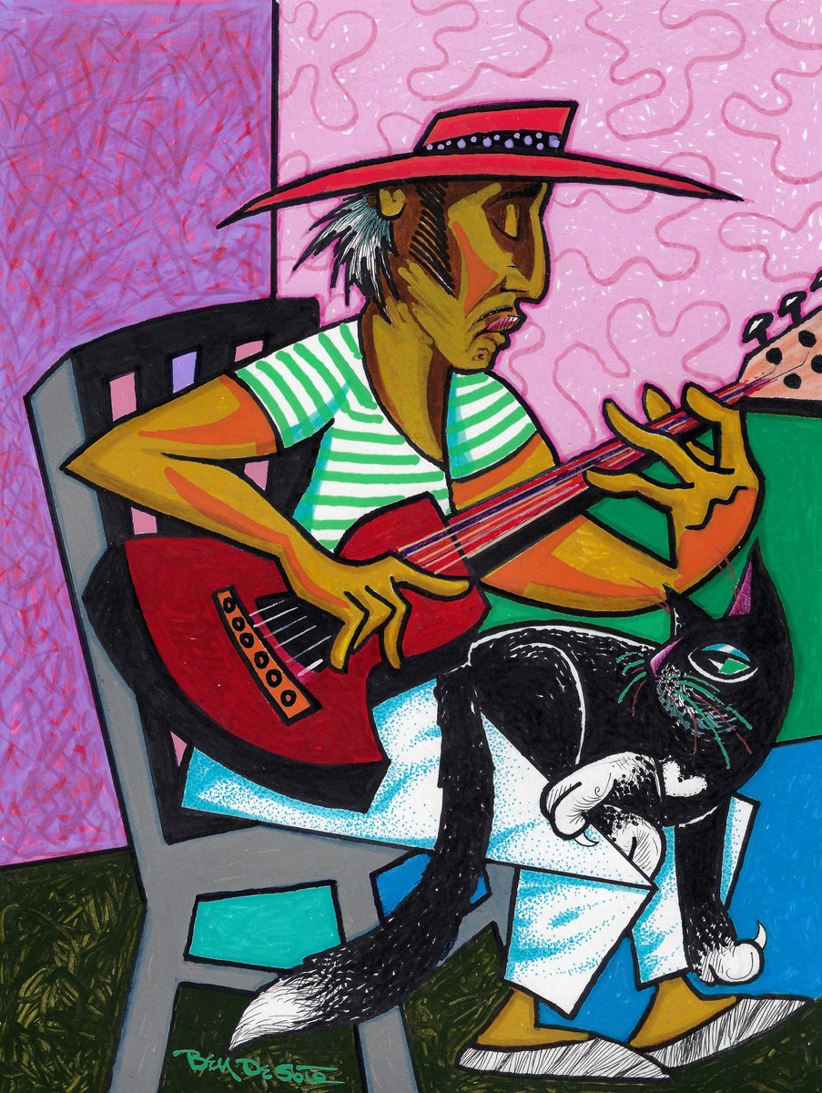 Animal Painting By Ben De Soto, 9 X 12, Singer And Cat, Original Artwork