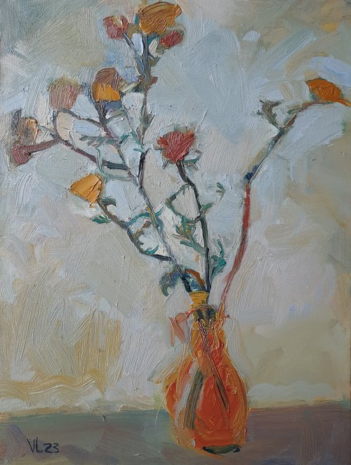 Flowers in an orange vase by Vladislava Vorobyeva