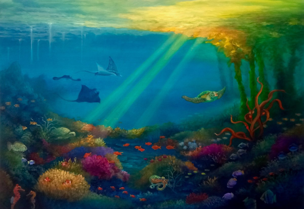 Landscape Oil Painting By Lee Campbell, 39 X 28", Pacific Reef, Original Artwork