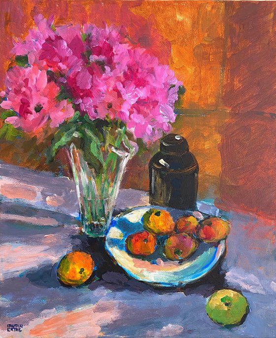 Peonies and Plate of Fruits