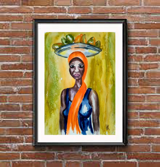 African Woman. Mango Seller. watercolor painting