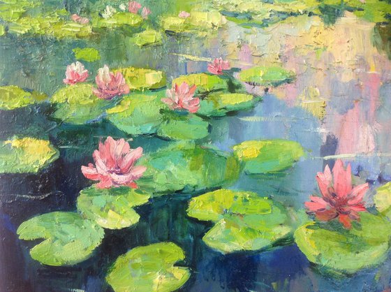 River with lotos flowers. water lilies pond oil painting landscape river sunlight waterlily