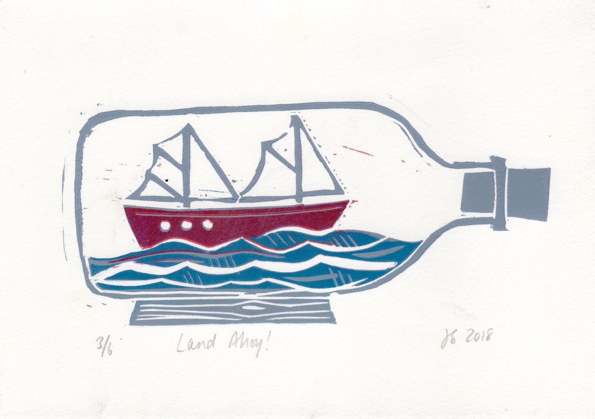 LAND AHOY! - Mounted, linocut print by Design Smith