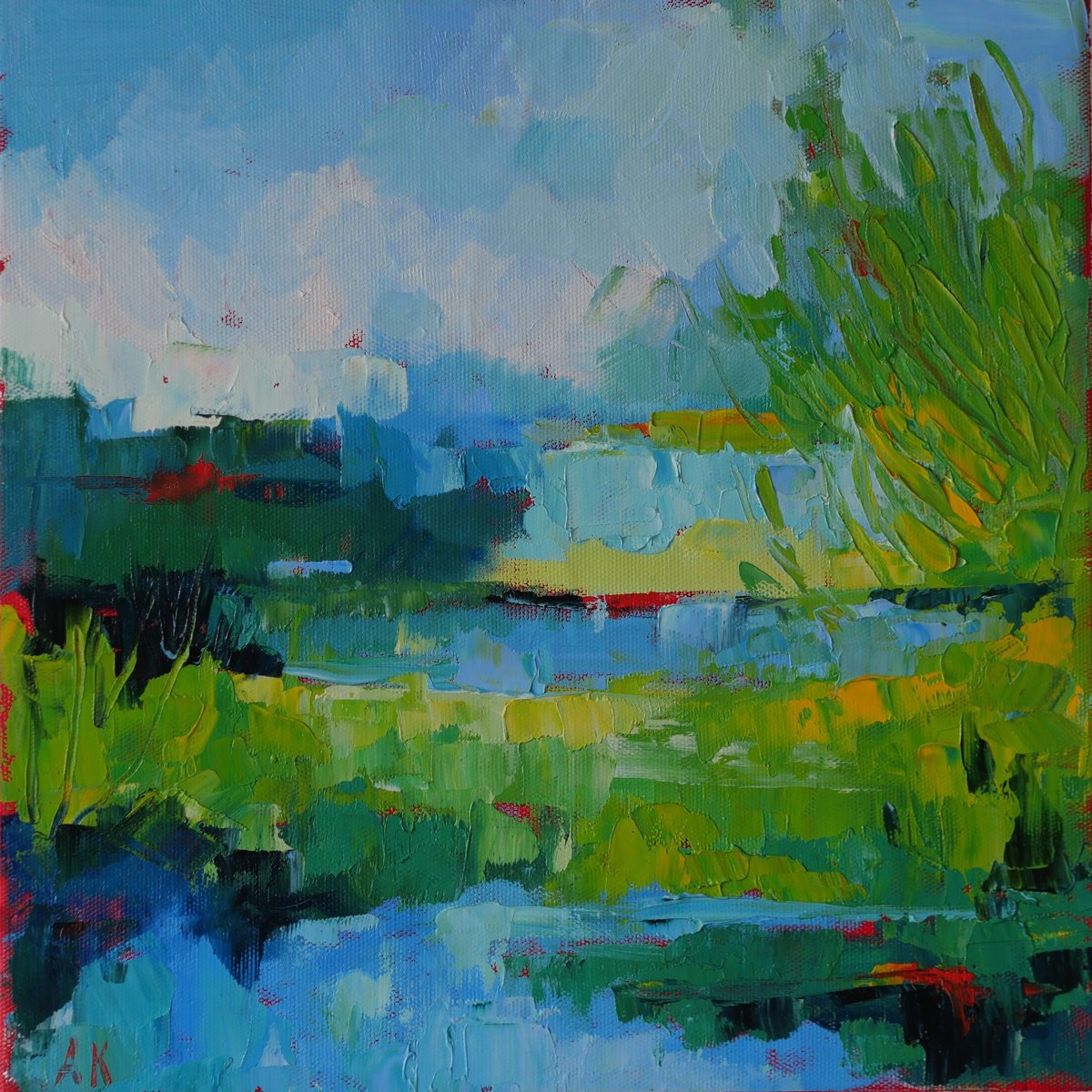 Expressive Landscape Oil Painting By Alfia Koral, 12 X 12, Water Meadow, Original Artwork