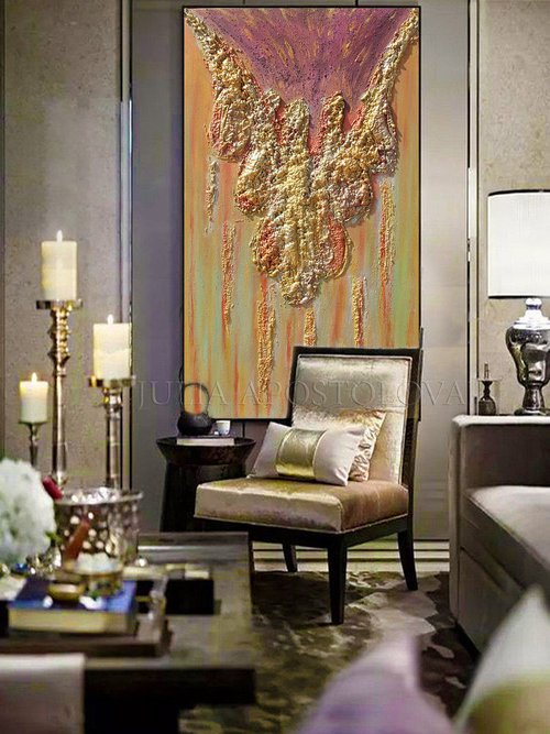 Luxury Wall Art, Original Royal Painting, Gold and Copper Unique Sculpture Art, Relief, Contemporary Ready to Hang Rich Texture Abstract, Large Wall Art, Mixed Media Canvas Painting ''The Queen's Necklace'' by Julia Apostolova