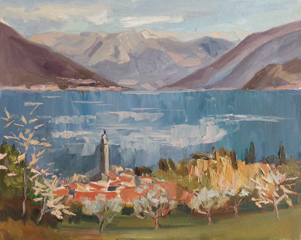 Impressionistic Landscape Oil Painting By Olena Kolotova, 20 X 16", Landscape "View Of Bellagio", Original Artwork