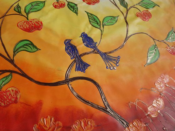 Apple Tree and two blue birds Large orange painting 110x160 cm unstretched canvas art