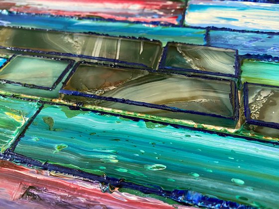 "Our Dream Home" - Original PMS Assemblage Sculptural Painting On Wood and Marbled Glass Backsplash Tile - 18 x 18 inches