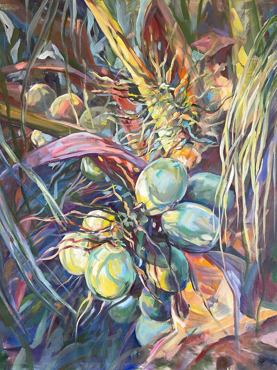 Impressionistic Botanical Oil Painting By Momalyu, 28 X 35", Tropical Sharm, Original Artwork