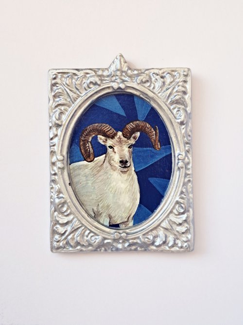 Dall sheep, part of framed animal miniature series "festum animalium" by Andromachi Giannopoulou