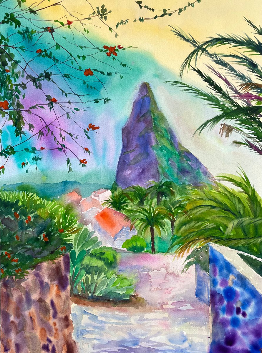 Tropical Original Watercolor Painting, Large Landscape Artwork, Canary Islands Wall Art, M... by Kate Grishakova
