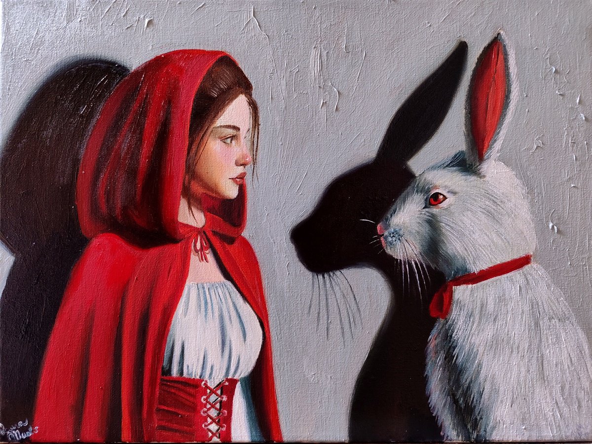 Surrealistic Portrait Oil Painting By Laura Muolo, 16 X 12", Little Red Riding Hood And..., Original Artwork