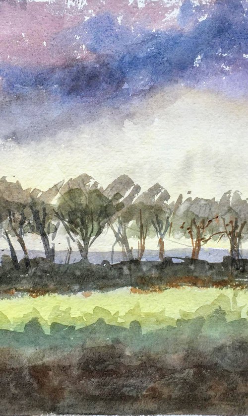 Line of trees near my studio - Watercolour painting by Julian Lovegrove Art