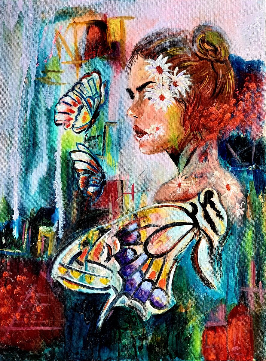 Impressionistic Portrait Oil Painting By Niyati Jiwani, 18 X 24", Flower Lovers, Original Artwork