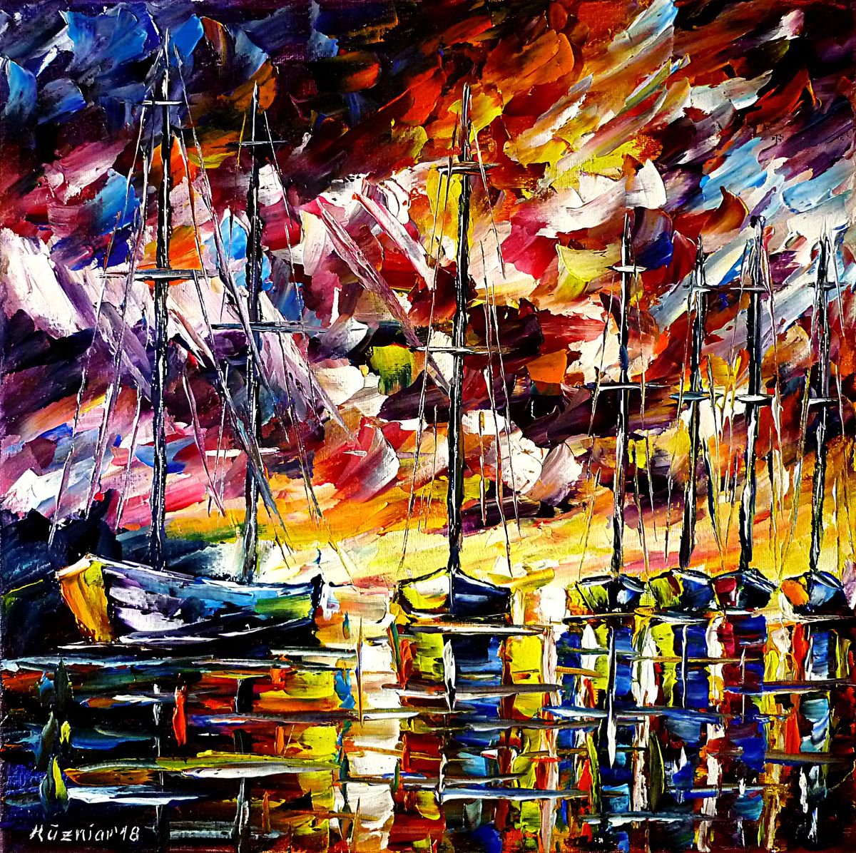 Expressive Landscape Oil Painting By Mirek Kuzniar, 16 X 16", Boats In The Harbor, Original Artwork