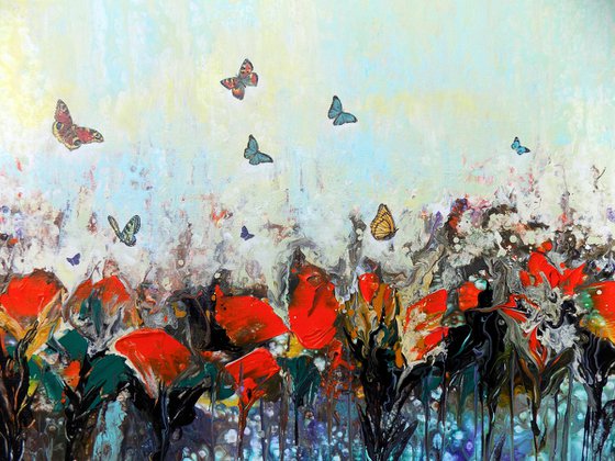 Dance of butterflies - Large abstract red flowers with butterflies, original artwork, abstract landscape