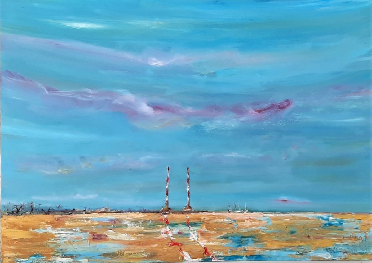 Morning blues over the Poolbeg Chimneys by Niki Purcell - Irish Landscape Painting