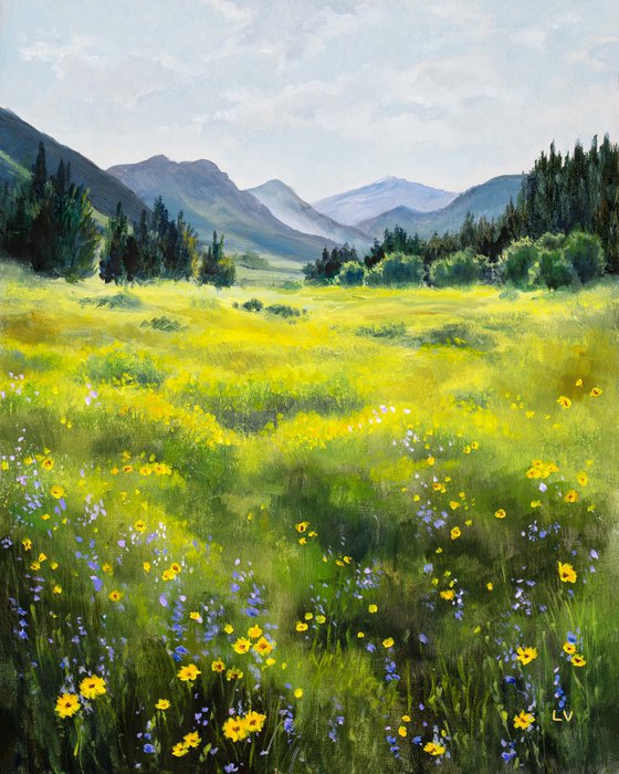 Wildflower spring landscape, Columbia hills wall art, Valley floral summer day, Rocky Mountains, PNW oil painting, Cottage decor artwork, 'Yellow flowers meadow'
