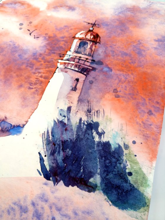 Original watercolor landscape "Lighthouse. Golden glow of sunset"