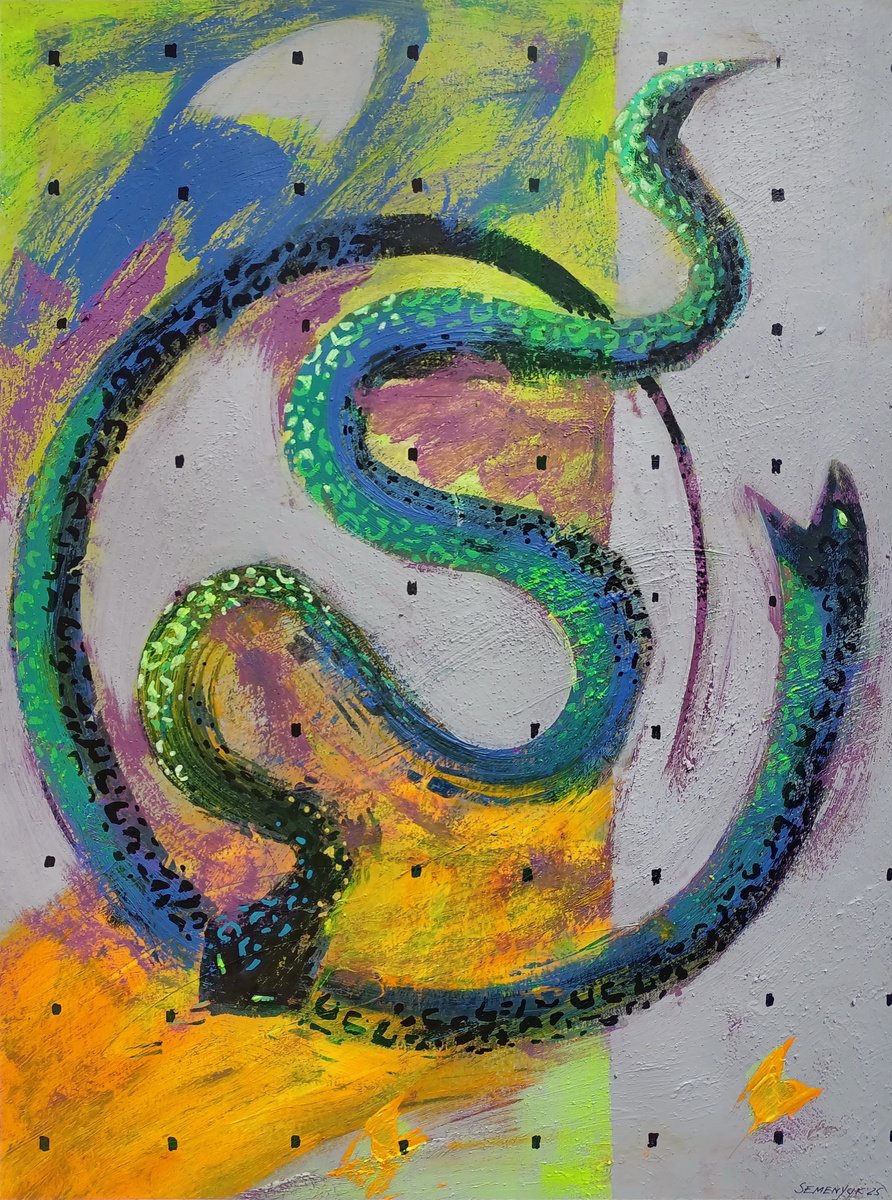 Abstract Animal Acrylic Painting By Evgen Semenyuk, 20 X 28, Composition With Snakes, Original Artwork