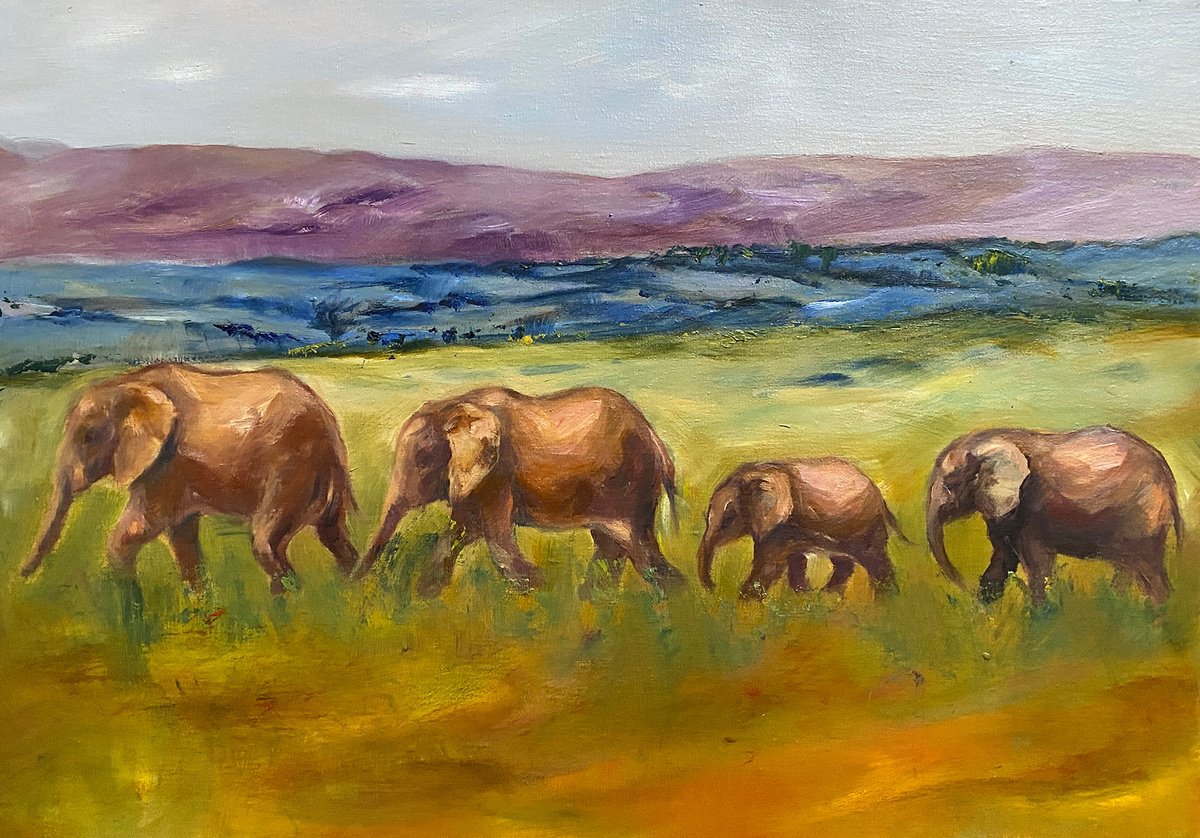 Impressionistic Animal Oil Painting By Arti Chauhan, 15 X 11, The Family_Elephants, Original Artwork