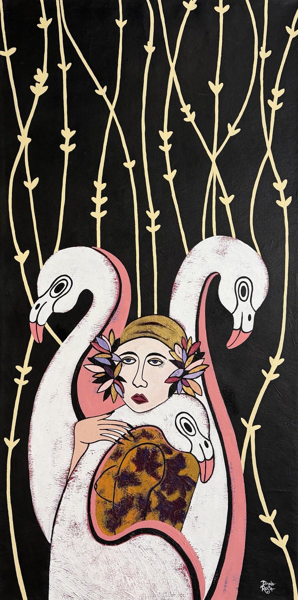 Surrealistic Acrylic Painting , Woman And Flamingo By Diana Rosa, 24 X 48, Artwork For Sale On Artfinder
