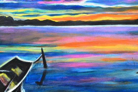 Left Alone sunset seascape Painting with boat a gift idea