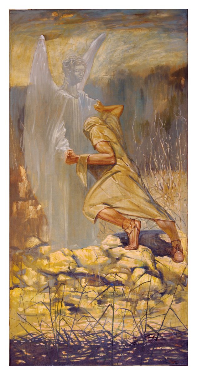 Expressive Abstract Oil Painting By Serhiy Roy, 24 X 47", Jacobs Wrestling With An Angel, Original Artwork